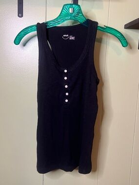 aerie Black Ribbed Henley Tank with Buttons